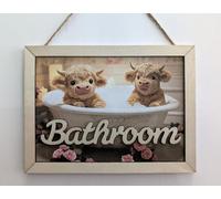 Highland Cow Bathroom Wall or Door Sign, Decorative Wooden Plaque Frame, 16 cm x 12 cm
