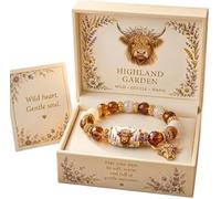 Highland Cow Beaded Bracelet, Highland Garden Inspirational Jewelry with Gift Box, Western Cow Charm Bracelet for Women - Stretch Fit, Natural Stone Beads, Country Rustic Style