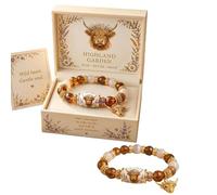 Highland Cow Beaded Bracelet, Highland Garden Inspirational Jewelry with Gift Box, Western Cow Charm Bracelet for Women - Stretch Fit, Natural Stone Beads, Country Rustic Style