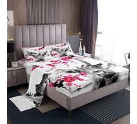 Highland Cow Bedding Set Cute Red Floral Cattle Fitted Sheet Kids Girls Women Men Cherry Blossom Bed Sheet Set Western Bull Bed Cover Exotic Wild West Animal Double Size 4Pcs