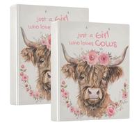 Highland Cow Binders 1.5 Inch Ring Binders A4 Paper Size Cute Decorative Hardcover with Interior Pockets&3 Rings Pink Floral Binder Organizer for Home School Office Supplies