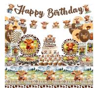 Highland Cow Birthday Decorations - Brown Cow Party Tableware, Plates Cups Napkins Pickle Party Tablecloth Happy Birthday Banner Balloons Cake Toppers for Western Farm Animals Supplie