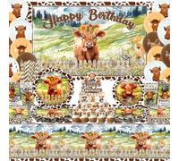 Highland Cow Birthday Decorations - Brown Cow Party Tableware, Plates Cups Napkins Pickle Party Tablecloth Happy Birthday Backdrop Balloons Cake Toppers for Western Farm Animals Supplie
