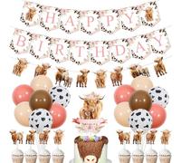 Highland Cow Birthday Decorations Girl, Boho Retro Floral Highland Cow Party Supplies - Happy Birthday Banner, Highland Cattle Garland, Cake Toppers, Balloons for Farm Animal Holy Cow Party Decor