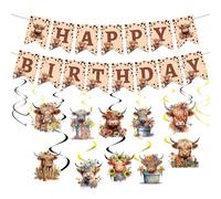 Highland Cow Birthday Decorations Supplies - 16 Pcs Western Brown Happy Birthday Banner Hanging Swirls For Boys Girls Farm Cattel Themed Holy Baby Shower Highland Cow Party Decoration