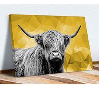 HIGHLAND COW BLACK AND WHITE YELLOW GEO BACK CANVAS WALL ART PRINT ARTWORK (30in x 20in / 76cm x 50cm)