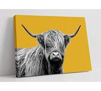 HIGHLAND COW BLACK AND WHITE YELLOW MUSTARD CANVAS WALL ART PRINT ARTWORK (36in x 24in / 91cm x 60cm)
