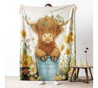Highland Cow Blanket 30x40 Inch, Funny Farm Animal Throw Blankets for Sofa, Western Cattle Floral Fleece Blanket Cozy Lightweight Flannel Blankets, Washable Warm Soft All Season