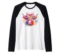 Highland Cow Blowing Bubblegum Farm Animal Women Girls Kids Raglan Baseball Tee
