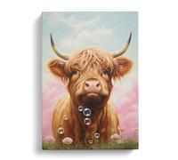 Highland Cow Bubble Gum Painting Canvas Print | Gallery Wrapped 30mm Frame Wall Art | 30x20 inches | Ready to Hang | Modern Animals Picture | Living Room Bedroom Lounge Office