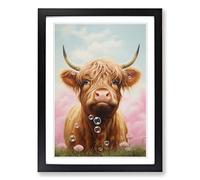Highland Cow Bubble Gum Painting Framed Print | A2 Black Framed Wall Art | Ready to Hang | Modern Animal Picture | Living Room Bedroom Lounge Office