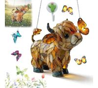 Highland Cow Butterfly Suncatcher, Stained Glass Style Window Hanging, Highland Cow Acrylic Animal Flat Ornament, Farm Animal Sun Catcher Ornament for Home Window, Garden Decor (10in)