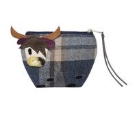 Highland Cow Button Nose Purse - Tartan Tweed Wool Blend - 14 × 10 × 5 cm - Eco-Friendly Fabric with Recycled Polyester - Animal Appliqué Coin Purse - Earth Squared (Blue)