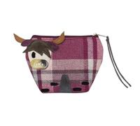 Highland Cow Button Nose Purse - Tartan Tweed Wool Blend - 14 × 10 × 5 cm - Eco-Friendly Fabric with Recycled Polyester - Animal Appliqué Coin Purse - Earth Squared (Raspberry)