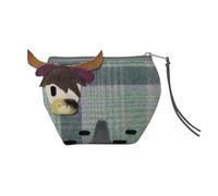 Highland Cow Button Nose Purse - Tartan Tweed Wool Blend - 14 × 10 × 5 cm - Eco-Friendly Fabric with Recycled Polyester - Animal Appliqué Coin Purse - Earth Squared (Green)