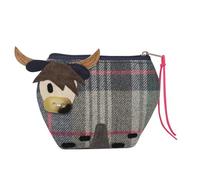 Highland Cow Button Nose Purse - Tartan Tweed Wool Blend - 14 × 10 × 5 cm - Eco-Friendly Fabric with Recycled Polyester - Animal Appliqué Coin Purse - Earth Squared (Drem Blue)
