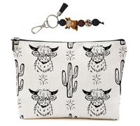 Highland Cow Cactus Makeup Bag for Women Lady Bestie, Large Capacity Makeup Pouch Travel Organizer Toiletry Cosmetic Bag, Black Highland Cow Silicone Beaded Keychain with Tassel, Gifts for Women