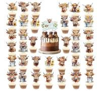 Highland Cow Cake Topper - 37PCS Scottish Highland Cow Theme Birthday, baby shower cupcake toppers, Cute Highland Cow Cupcake Birthday Decorations, Highland Cow Cattle Farm Birtyday Cake Decorations