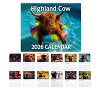 Highland Cow Calendar 2026 - Highland Cows Wall Art Calendars, Fun & Cute 12 Month Scottish Cow Hanging Decoration with Thickened Full-Color Illustrations for Home Office Decor & Animal Lovers Gift