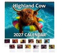 Highland Cow Calendar 2027 - Highland Cows Wall Art Calendars, Fun & Cute 12 Month Scottish Cow Hanging Decoration with Thickened Full-Color Illustrations for Home Office Decor & Animal Lovers Gift