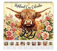 Highland Cow Calendar 2027 UK, Highland Cows Wall Art Calendars, 12 Month Rustic Farmhouse Scottish Cow Hanging Monthly Planner with Full-Color Illustrations for Home Office Decor & Animal Lovers Gift