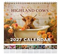 Highland Cow Calendar 2027 UK, Highland Cows Wall Art Calendars, 12 Month Scottish Cow Hanging Planner with Full-Color Illustrations for Home Office Decor & Animal Lovers Gift (Bathtub Highland Cow)