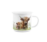 Highland Cow & Calf Enamel Mug - Farmyard & Countryside Durable White Outdoor Drinks Cup Gifts for Animal Lovers - Travel Camping Hiking Present 500ml