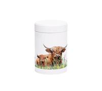 Highland Cow & Calf Storage Canister - Countryside Farm Animals Home Gifts - White Screw Top Lid Kitchen Storage Container 750ml Present