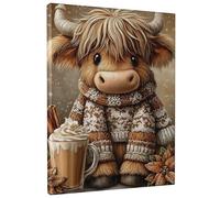 Highland Cow Canvas Kitchen Wall Art, Winter Fanciful Hot Cocoa Cinnamon Sticks Winter Brown Wall Painting Hanging Art Home Restaurant Dining Room Cubicle Decor 16x20 Inch