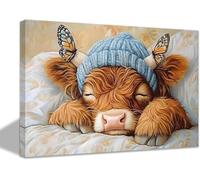 Highland Cow Canvas Posters And Prints, Wall Art Cute Cattle Sleeping Picture Baby Cow With Butterfly Painting, Farm Animal Wall Decor 50x70Cm Frameless