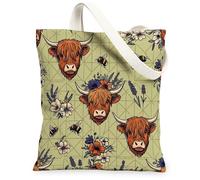 Highland Cow Canvas Tote Bag for Women, Rustic Botanical Flowers Bees Spring Green Washable Reusable Small Tote Bags Ideas, Green, 13x15 Inch