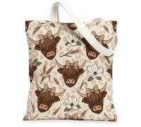 Highland Cow Canvas Tote Bag for Women, Rustic Country Magnolia Wheat Fall Brown Washable Reusable Everyday Tote Bags Ideas, Brown, 13x15 Inch