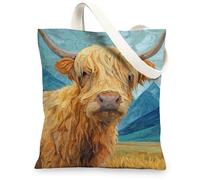 Highland Cow Canvas Tote Bags, Animal Art Reusable Grocery Bags, Rustic Lightweight Washable Shoulder Strap Canvas Bags for, Yellow, 13x15 Inch