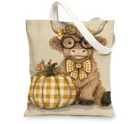 Highland Cow Canvas Tote Bags, Cute Animal Design Reusable Grocery Bags, Vintage Lightweight Washable Shoulder Strap Canvas, Beige, 13x15 Inch