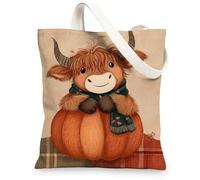 Highland Cow Canvas Tote Bags, Cute Animal Pattern Reusable Shopping Bags, Rustic Style Lightweight Washable Shoulder Strap Bags for Grocery Travel 13x15 Inch