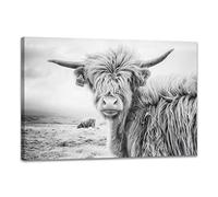 Highland Cow Canvas Wall Art Black and White Animal Canvas Picture Framed Art Artwork Wall Decor Framed for Living room Bedroom (12x16 inch)