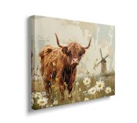 Highland Cow Canvas Wall Art Farmhouse Windmill Painting Country Cow Picture Framed for Bathroom Bedroom Living Room Modern Rustic Daisy Home Office Vintage Wall Decor 12"x16"