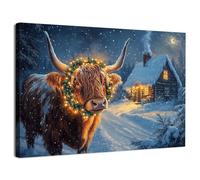 Highland Cow Canvas Wall Art Winter Barn Landscape Wreath Cow Picture for Christmas Home Decor Vintage Night Snow Scene Painting Print Cattle Artwork Living Room Bedroom Kitchen Home Decoration 12x16"