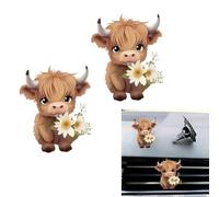 Highland Cow Car Air Freshener, 2 Pieces Highland Cow Print Air Vent Clips With Floral Design Cute 2D Acrylic Interior Decor Charm Decoration Accessories For Women Girls