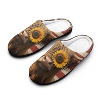 Highland Cow Cattle Sunflower U.S. Flag Breathable Slippers Women Slip On Winter Warm House Slippers Shoes Bedroom 7-8(39-40
