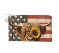 Highland Cow Cattle Sunflower U.S. Flag Portable Canvas Coin Purse Fashion Pencil Case Travel Makeup Bag