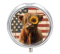 Highland Cow Cattle Sunflower U.S. Flag Round Pill Box Organiser 3 Compartment Portable Medicine Case