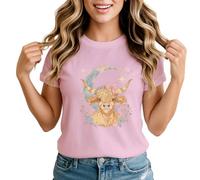 Highland Cow Celestial Moon Womens Graphic T-Shirt Farm Animal Lovers Top Small Light Pink