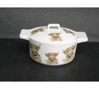 Highland Cow Ceramic Casserole Dish with Lid, Individual Serving Size, White Porcelain Cookware with Handles