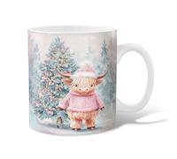 Highland Cow Ceramic Coffee Mug, Fanciful Festive Christmas Tree Snow Xmas Peach Novelty Hot Chocolate Mug with Handle Gift for Friends Family Co-Worker Lovers Eldership Senior 11 Oz