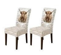 Highland Cow Chair Covers for Dining Chairs, Rustic Country Lavender Wildflowers Fall Brown Spandex Washable Removable Chair Slipcover Decor for Dining Room Hotel Housewarming 2pcs