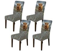 Highland Cow Chair Covers for Dining Chairs, Rustic Country Thistle Grass Fall Brown Spandex Washable Removable Chair Slipcover Decor for Kitchen Office Conference 4pcs