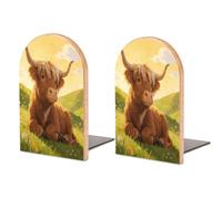 Highland Cow Chillin Book End for Shelves Book Shelf Holder Home Decorative Non Skid Book Stoppers Universal Economy Bookend Wood Handmade Heavy Duty Bookend for Home Office 1 Pair