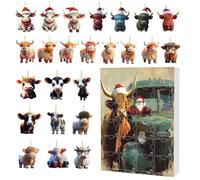 Highland Cow Christmas , 24 Days Countdown Calendar Ornaments Christmas Cow Ornaments Acrylic 2D Flat Animals Cattle for Tree Mirror Car Wall