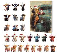 Highland Cow Christmas Advent - 24 Days Cow Ornaments Christmas Countdown Calendar - 2D Acrylic Animal Charm for Kids Adults Party Favor Tree Car Rearview Mirror Seasonal Decor